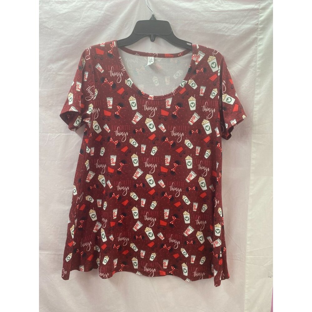 Ambrie Womans Favorite Things Minnie Ears Chick-fil-A Coffee Print Maroon Top XL